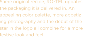 Same original recipe, RO*TEL updates the packaging it is delivered in. An appealing color palette, more appetizing photography and the debut of the star in the logo combine for a more festive look and feel.